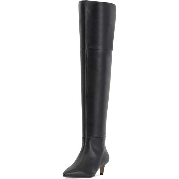 Women Black Pu Thigh High Pointed Toe Kitten Heel Over the Knee Long Boot - Picture 1 of 6